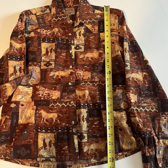 Vintage Moda Tech Western Shirt Red & Tan Horse Print All Over Womens M Cotton - Picture 9 of 12